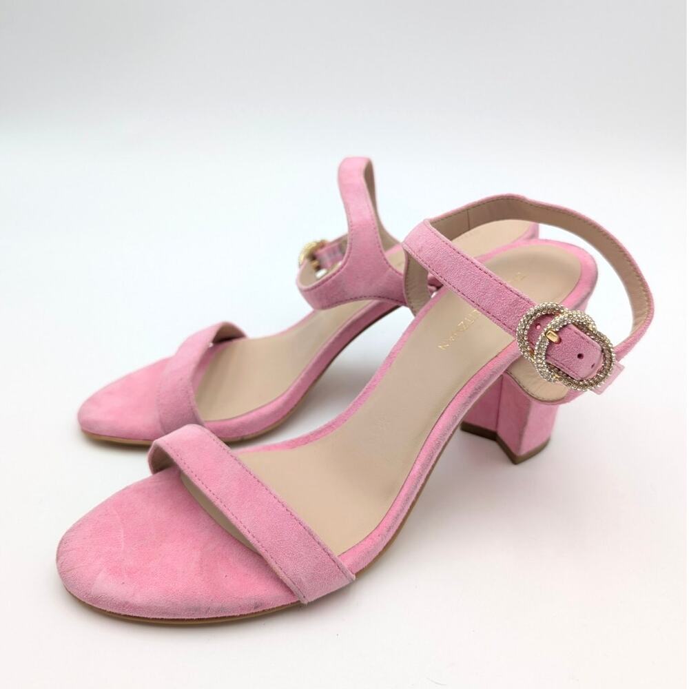Stuart Weitzman Crystal Buckle 75 Block Heel Sandals Pink Size US6.5 EU37